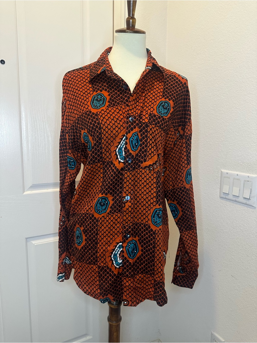 Men's Casual Button-Down Shirt in Rust Orange with Teal Accents